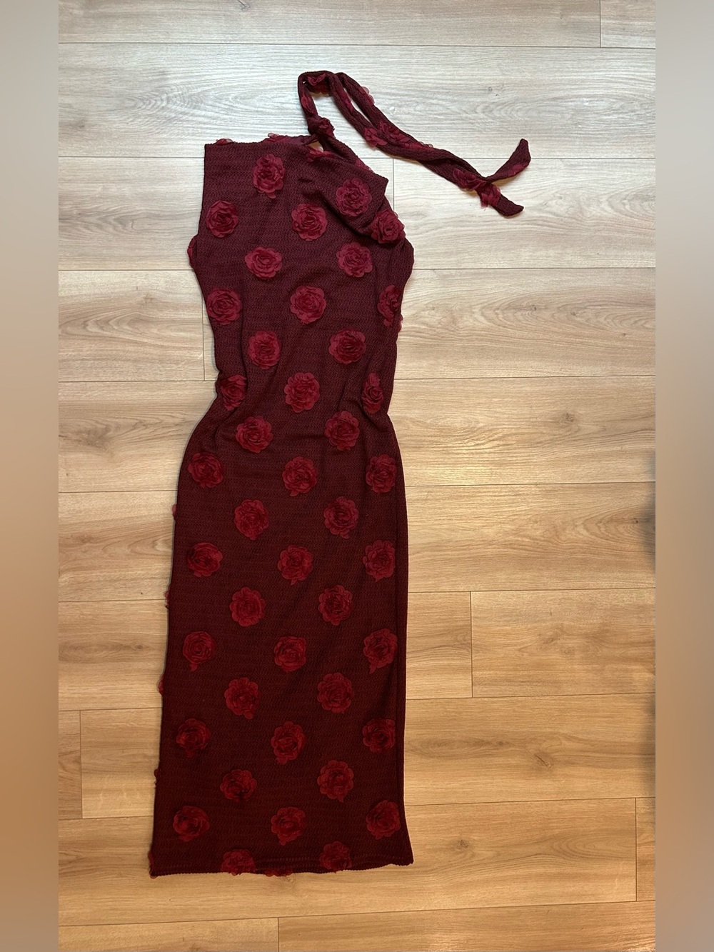 SHEIN One-Shoulder Burgundy Rose Appliqué Midi Dress